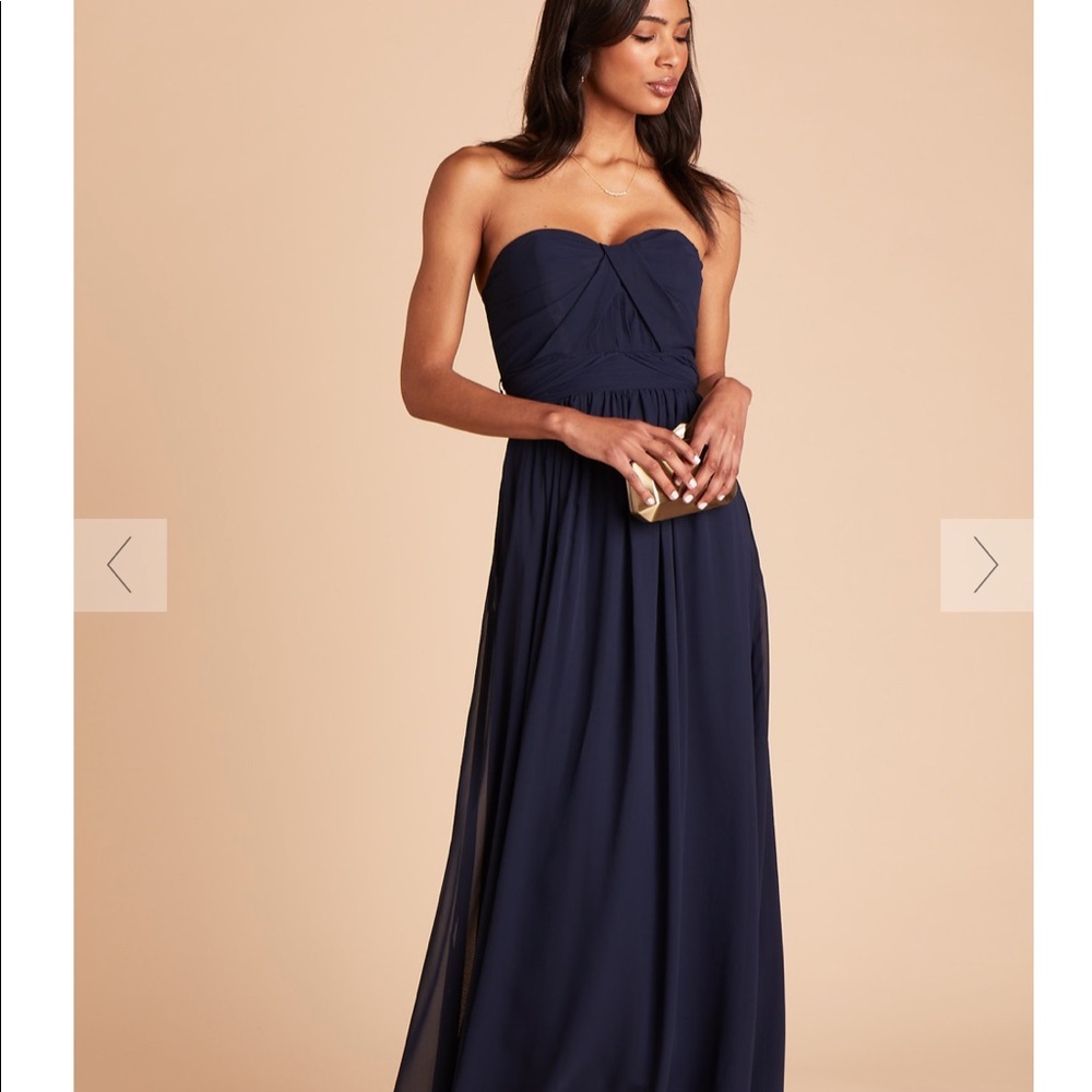 Navy blue strapless floor length bridesmaid dress